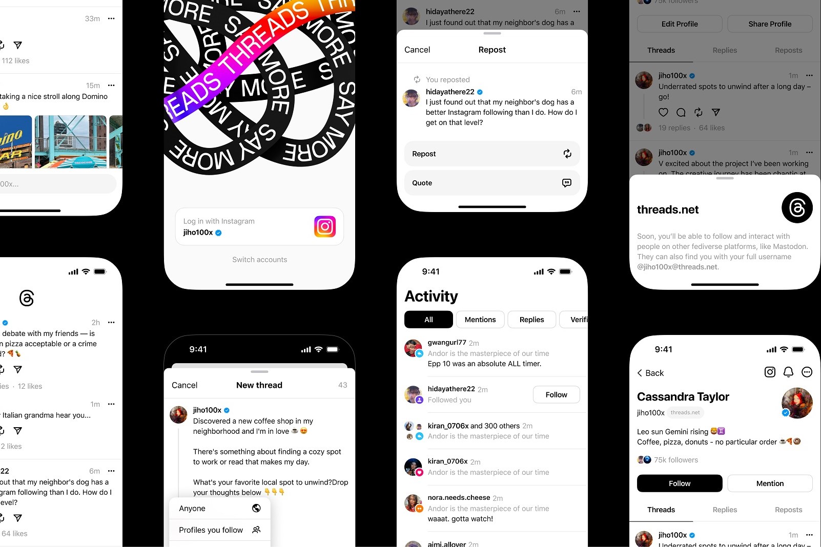 A series of mobile screenshots showing off the Threads app on a black background.