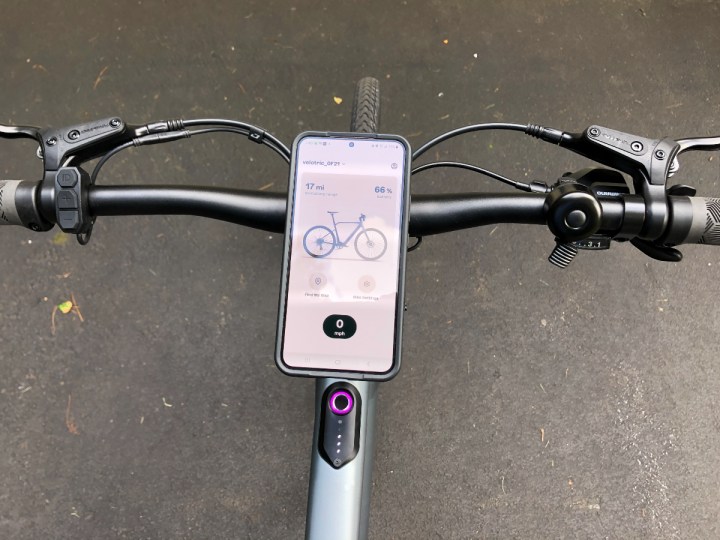 Velotric T1 with smartphone control app and fingerprint-enabled control-panelon e-bike-frame.