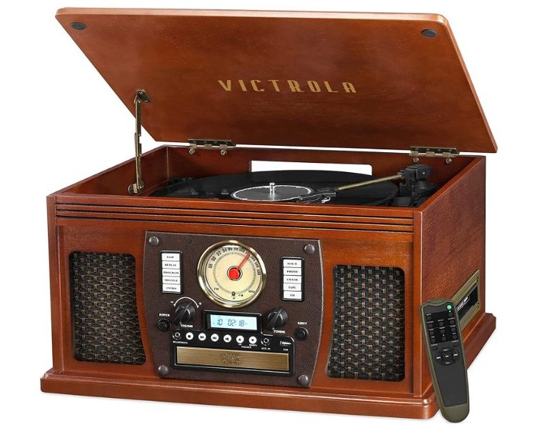 The Victrola 8-in-1 Bluetooth Record Player Multimedia Center with its top open.