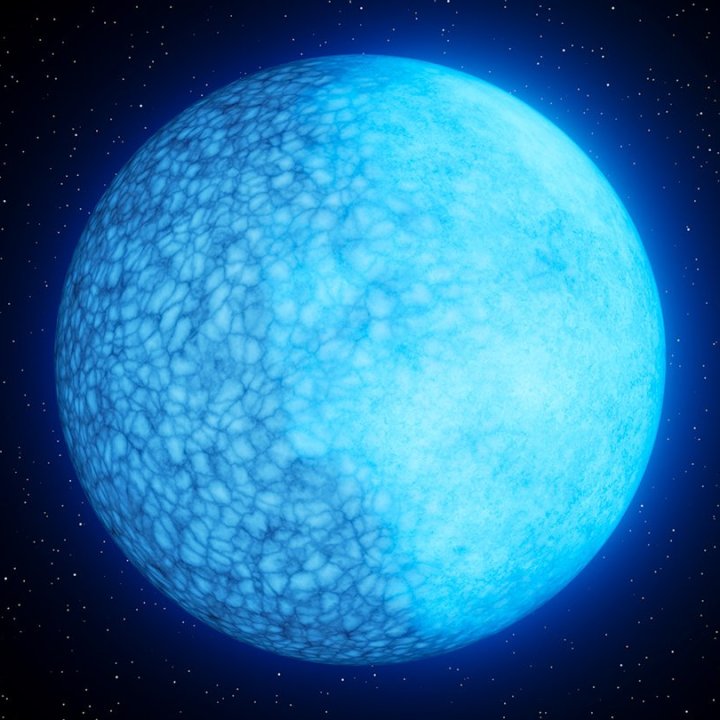 Artist’s rendition of Janus, the blue-tinted dead cinder of a star that is composed primarily of hydrogen on one side and helium on the other (the hydrogen side appears brighter). The peculiar double-faced nature of this white dwarf star might be due to the interplay of magnetic fields and convection, or a mixing of materials. on the helium side, which appears bubbly, convection has destroyed the thin hydrogen layer on the surface and brought up the helium underneath.