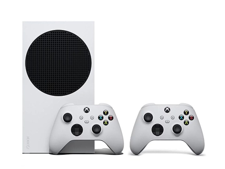 Microsoft's Xbox Series S with two wireless controllers, on a white background.