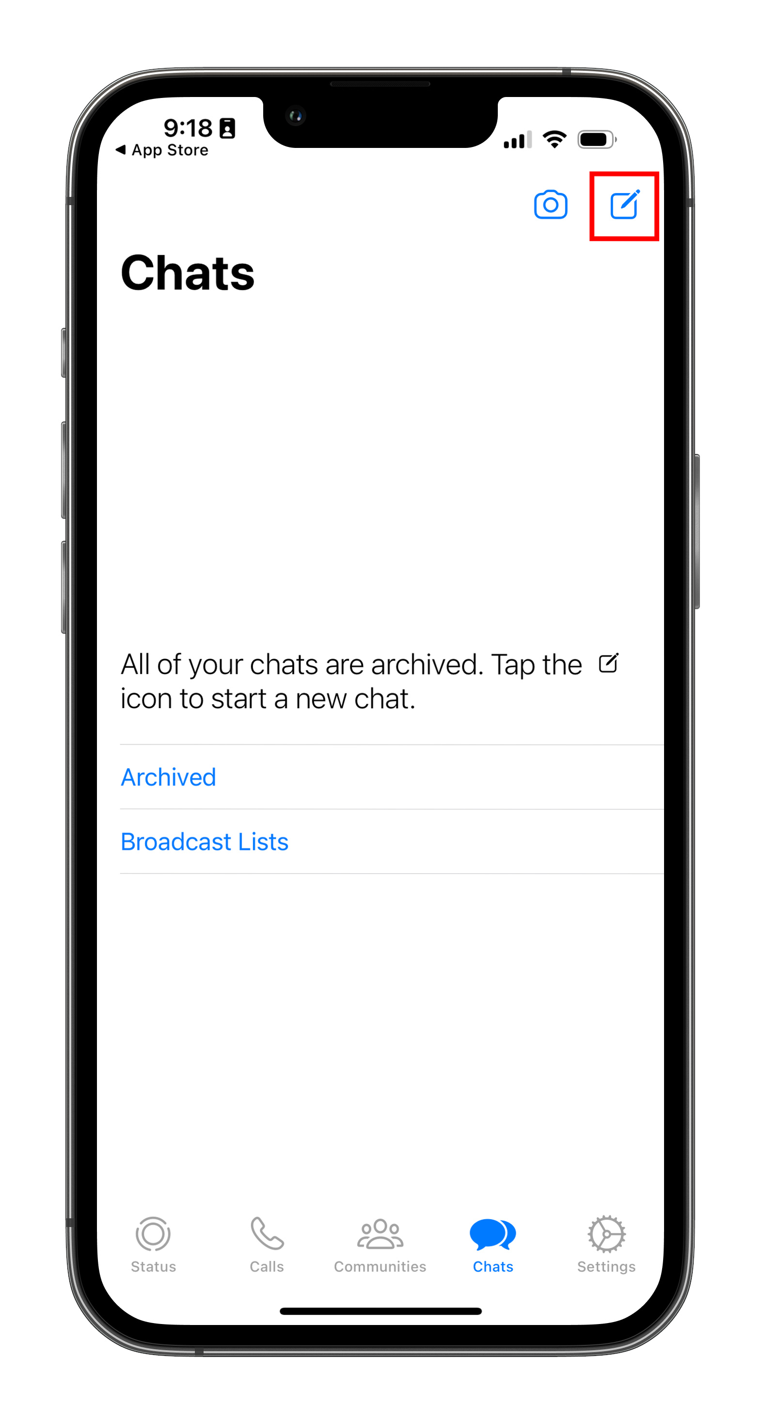 Abrindo um novo chat no WhatsApp no ​​iOS.
