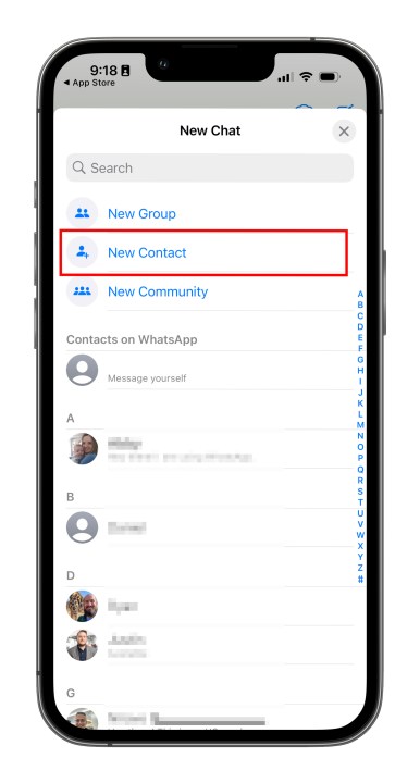 Adding a new contact in WhatsApp on iOS.