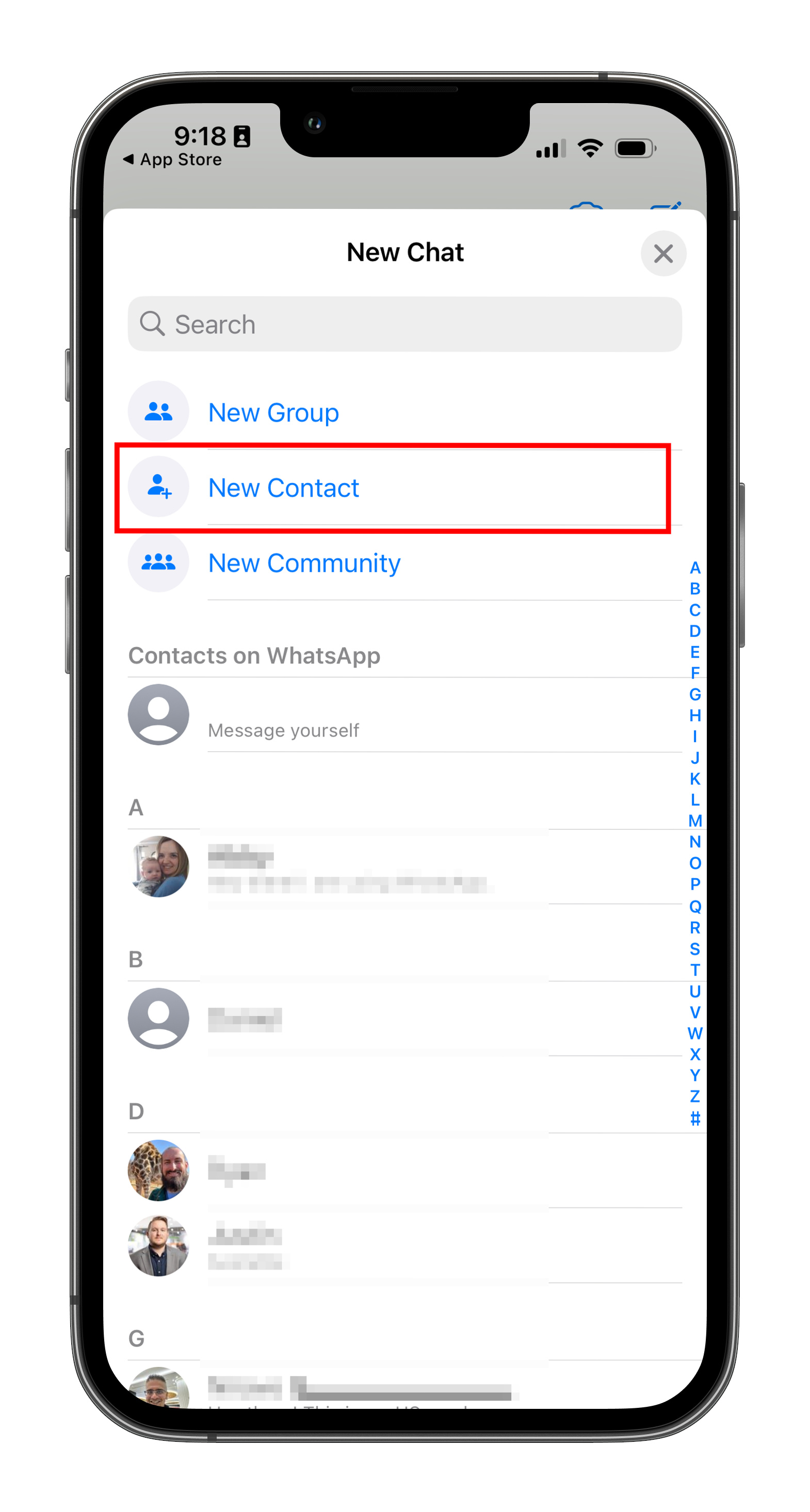 Adding a new contact in WhatsApp on iOS.