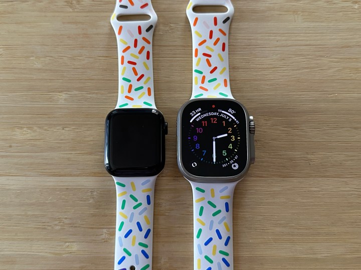 Apple Watch Series 5 next to an Apple Watch Ultra.