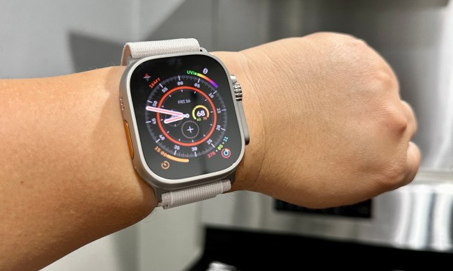 Apple Watch Ultra with Starlight Alpine Loop on wrist.