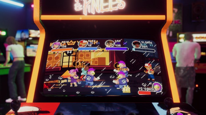 Um gabinete de fliperama no Arcade Paradise mostra um jogo de luta 2D.