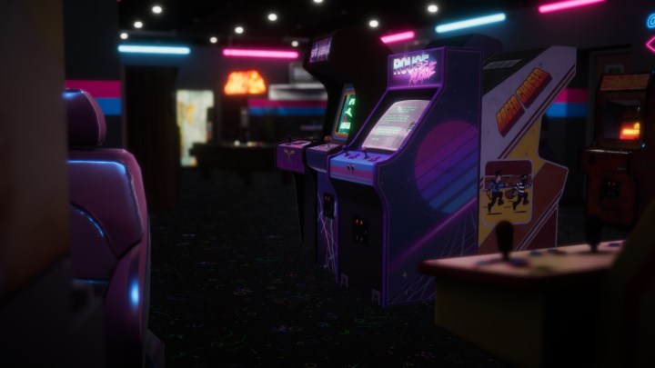 Arcade cabinets stand in a room in Arcade Paradise.