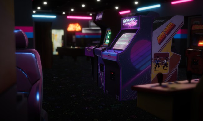 Arcade cabinets stand in a room in Arcade Paradise.