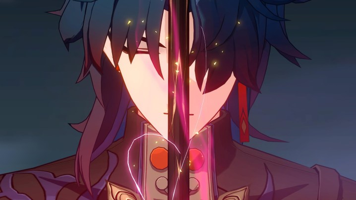 Blade from Honkai: Star Rail holding sword in front of face with eyes closed