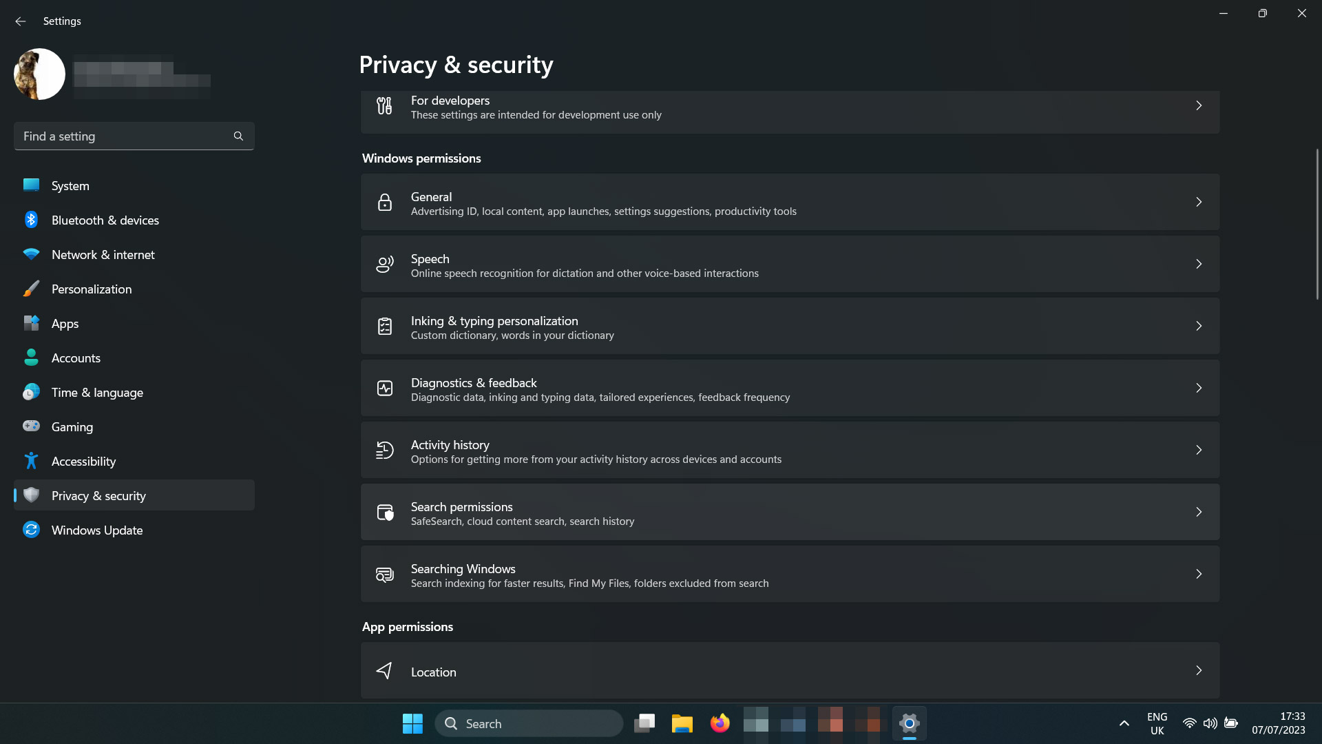 Privacy and security menu.