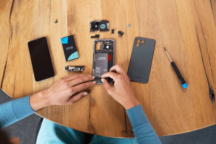 The Fairphone 4 as it's being disassembled for repairs.