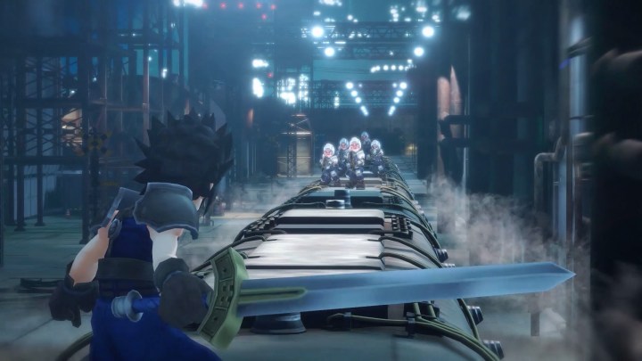 Зак стоит в поезде лицом к лицу с солдатами Шинра в Final Fantasy VII Ever Crisis.