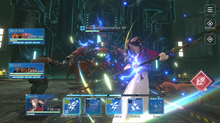 Aerith combat un tank scorpion dans Final Fantasy VII Ever Crisis.