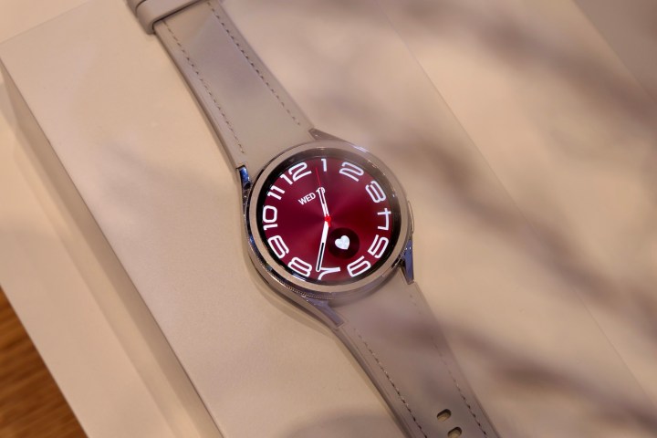 The Samsung Galaxy Watch 6 Classic, with a red dial.