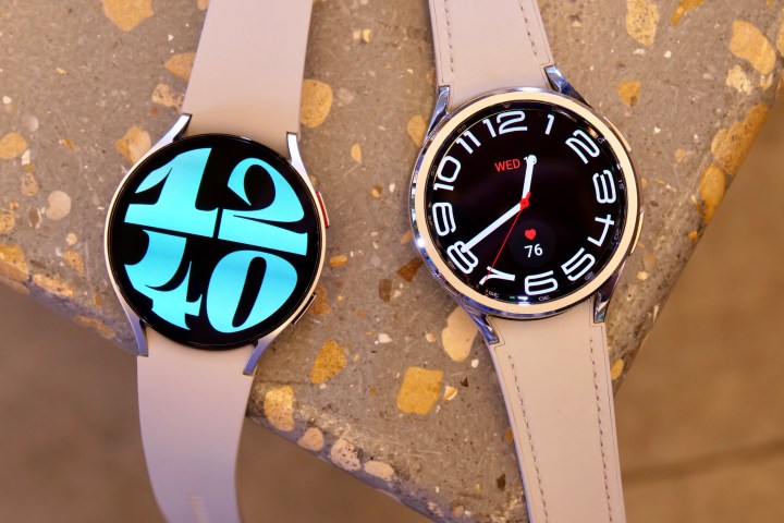Samsung Galaxy Watch 6 e Watch 6 Classic, em tamanhos grandes.