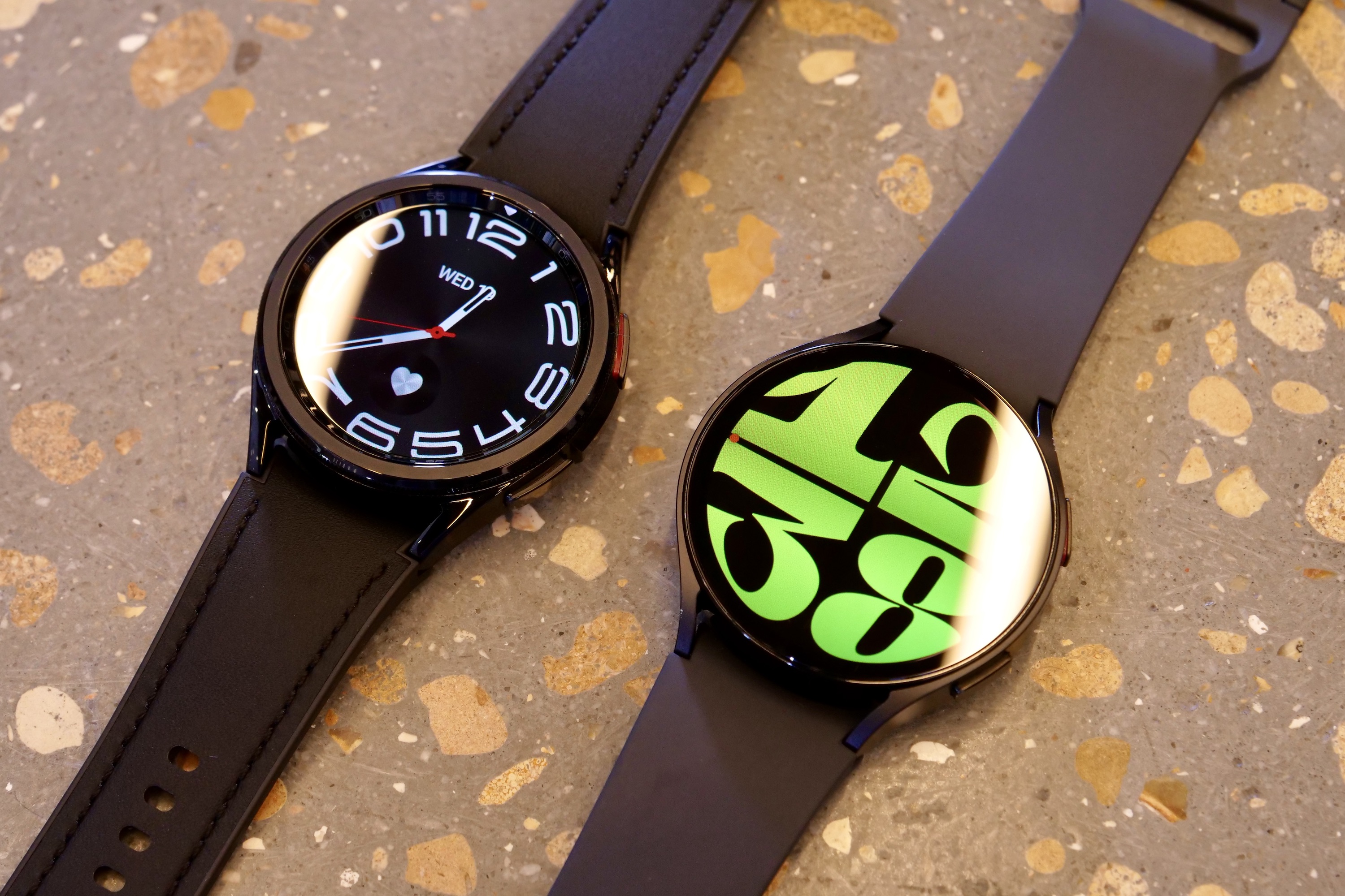 Samsung Galaxy Watch 6 and Watch 6 Classic, in small sizes.