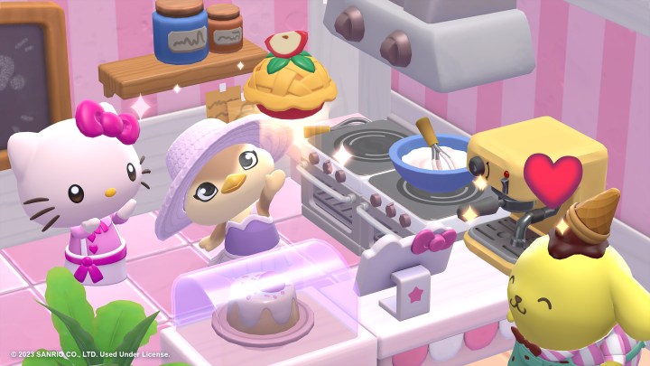 A character bakes a pie in Hello Kitty: Island Adventure.