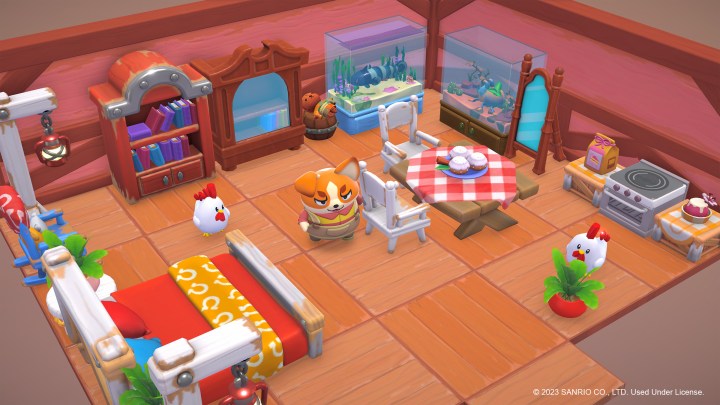 Um personagem anda por uma casa em Hello Kitty: Island Adventure.