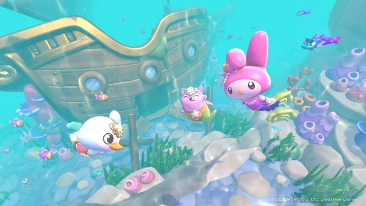 Characters scuba dive together in Hello Kitty: Island Adventure.
