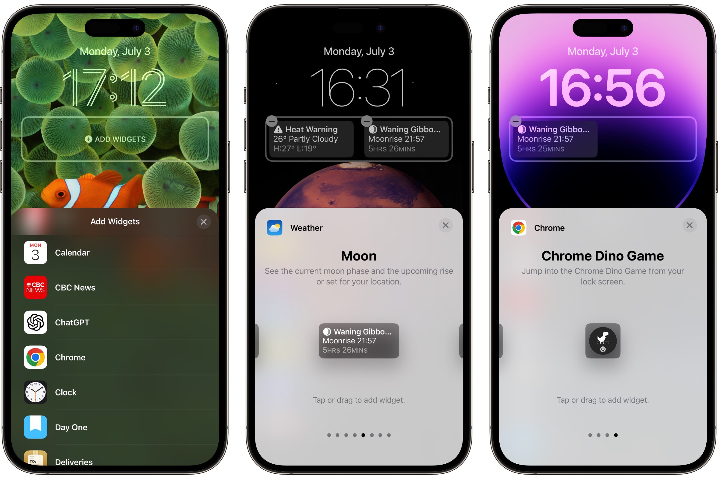 Belirli uygulamalardan kilit ekranı widget'larının nasıl ekleneceğini gösteren üç iPhone.