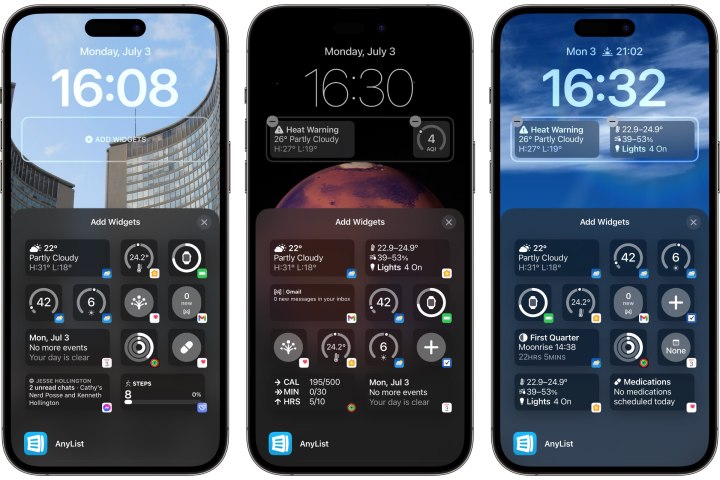 Three iPhones showing the lock screen Add Widget gallery.