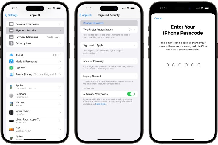 Three iPhones showing steps to reset an Apple ID password using a six-digit iPhone passcode.