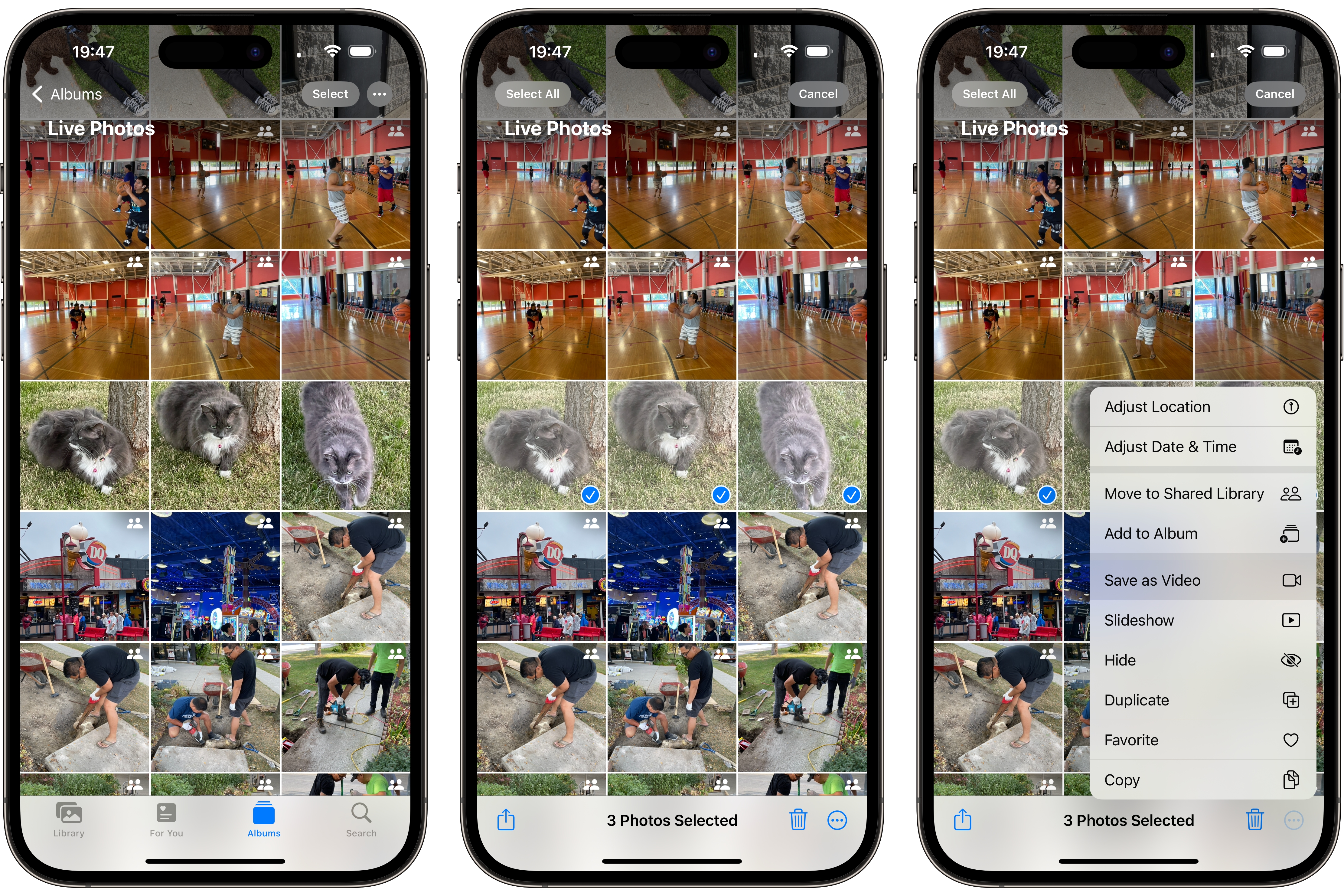 Three iPhones showing how to select multiple Live Photos and convert to a video montage.