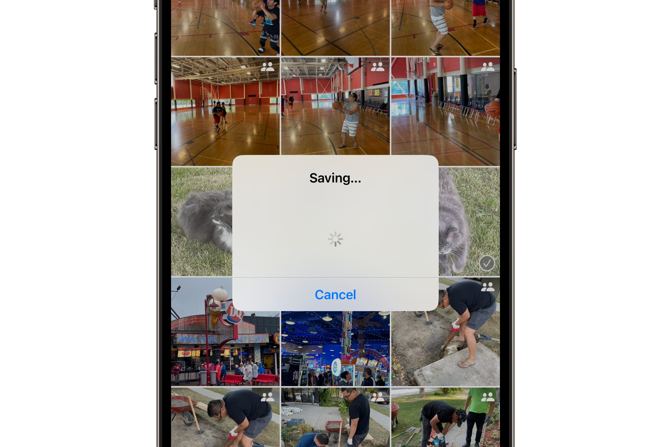 iPhone showing saving Live Photo as video progress dialog.