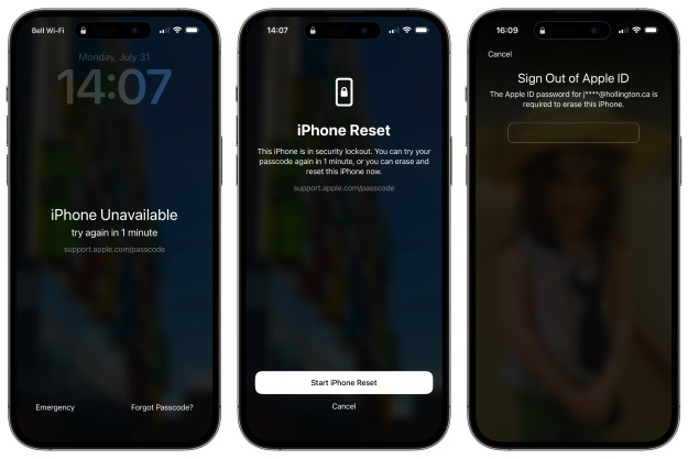Three iPhones showing security lockout screens and reset options.