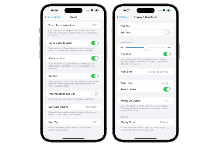Two iPhones showing settings screens for Tap to Wake and Raise to Wake options.
