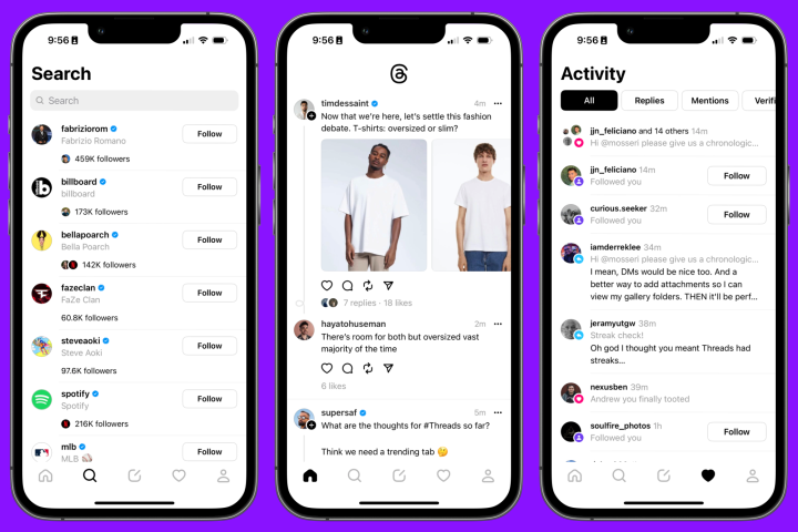 Captures d'écran de différentes pages Instagram Threads.