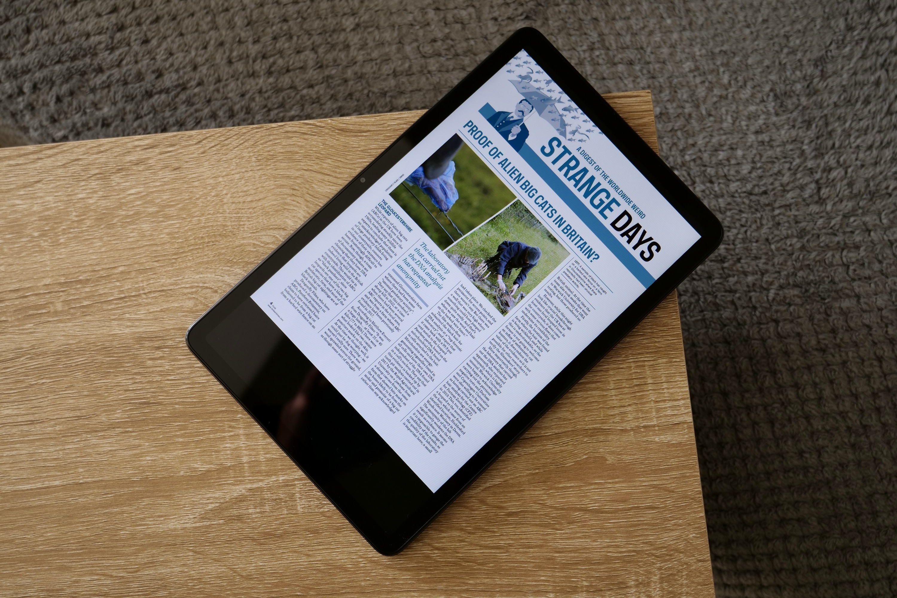 The Amazon Kindle Fire Max 11 showing a magazine on screen.