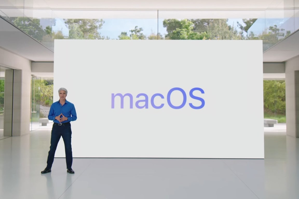 Craig Federighi introducing macOS Sonoma at Apple's Worldwide Developers Conference (WWDC) in June 2023.