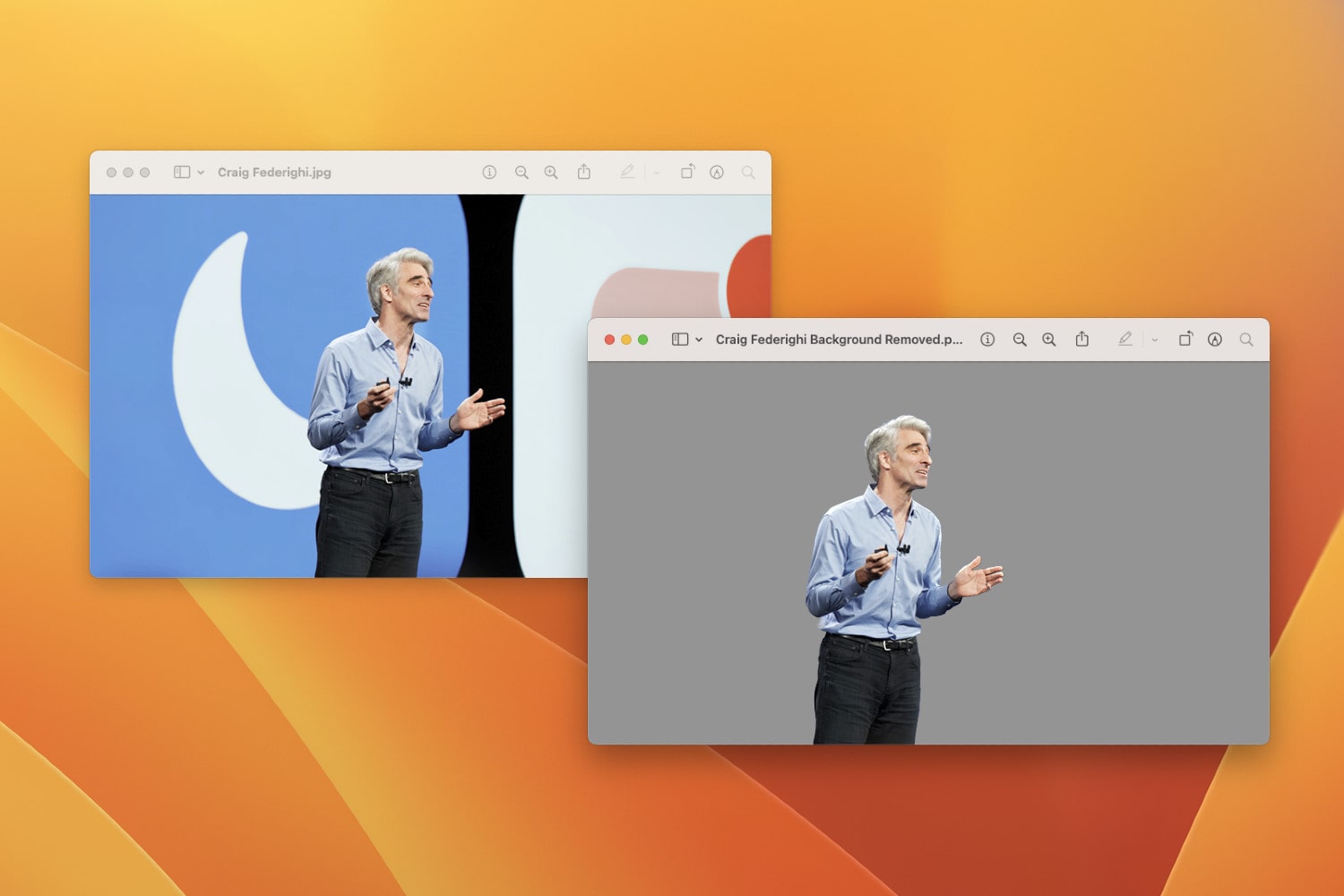 مقایسه دو تصویر در macOS Ventura.  تصویر سمت چپ اصلی است، در حالی که پس‌زمینه تصویر سمت راست با یک اقدام سریع حذف شده است.