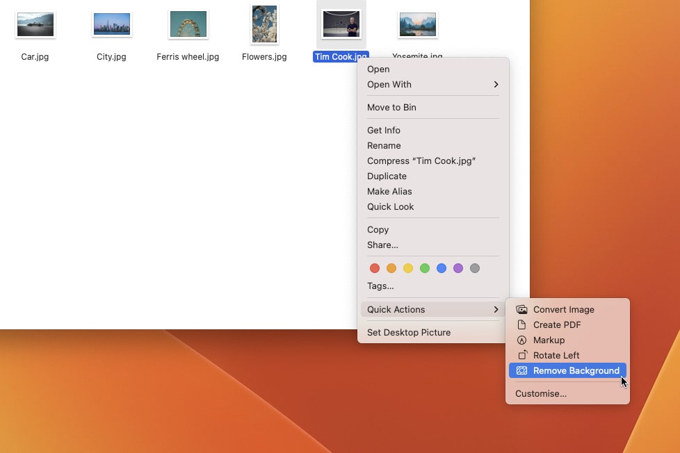 Um menu de atalho no macOS Ventura mostrando o menu Ações rápidas, com a opção Remover plano de fundo selecionada.