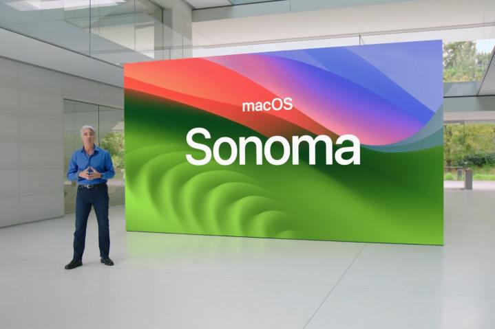 Craig Federighi apresentando o macOS Sonoma na Worldwide Developers Conference (WWDC) da Apple em junho de 2023.
