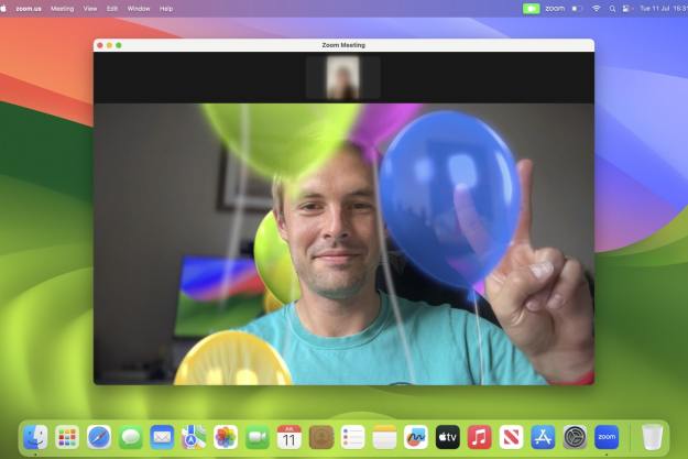 Video reactions in macOS Sonoma, with the balloons effect in use.