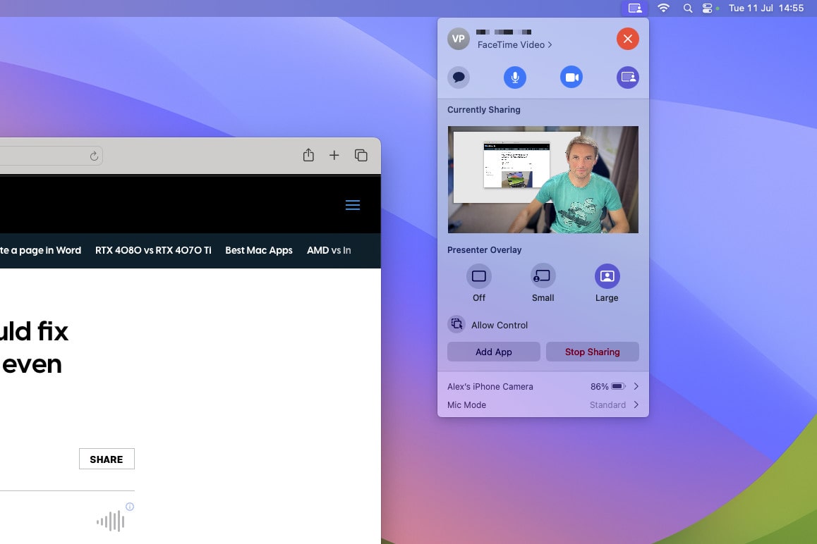 O modo apresentador no macOS Sonoma coloca o conteúdo para trás em uma chamada de vídeo do FaceTime.