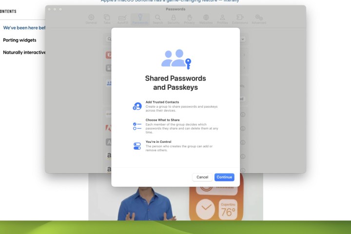 The shared passwords introductory dialog box in macOS Sonoma.