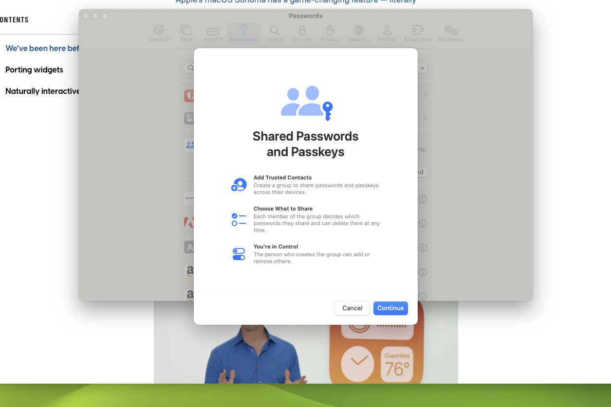 کادر محاوره ای معرفی رمزهای عبور مشترک در macOS Sonoma.