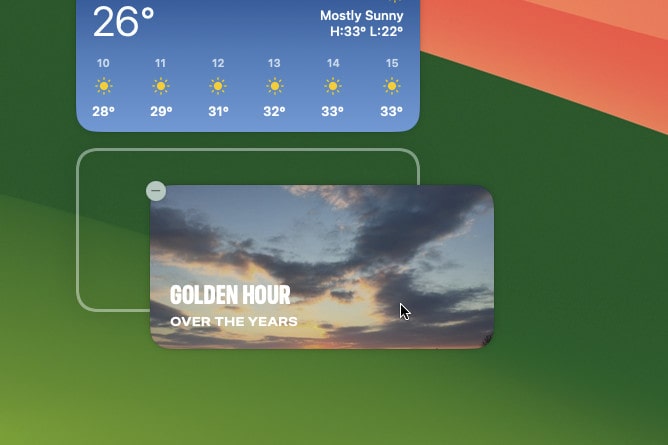 Un widget mis en place dans macOS Sonoma. La grille de placement est affichée sous le widget.