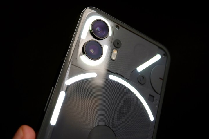The Nothing Phone 2's camera module with the lights lit up.