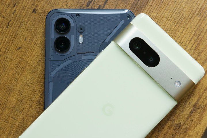 Nothing Phone 2 next to the Google Pixel 7.