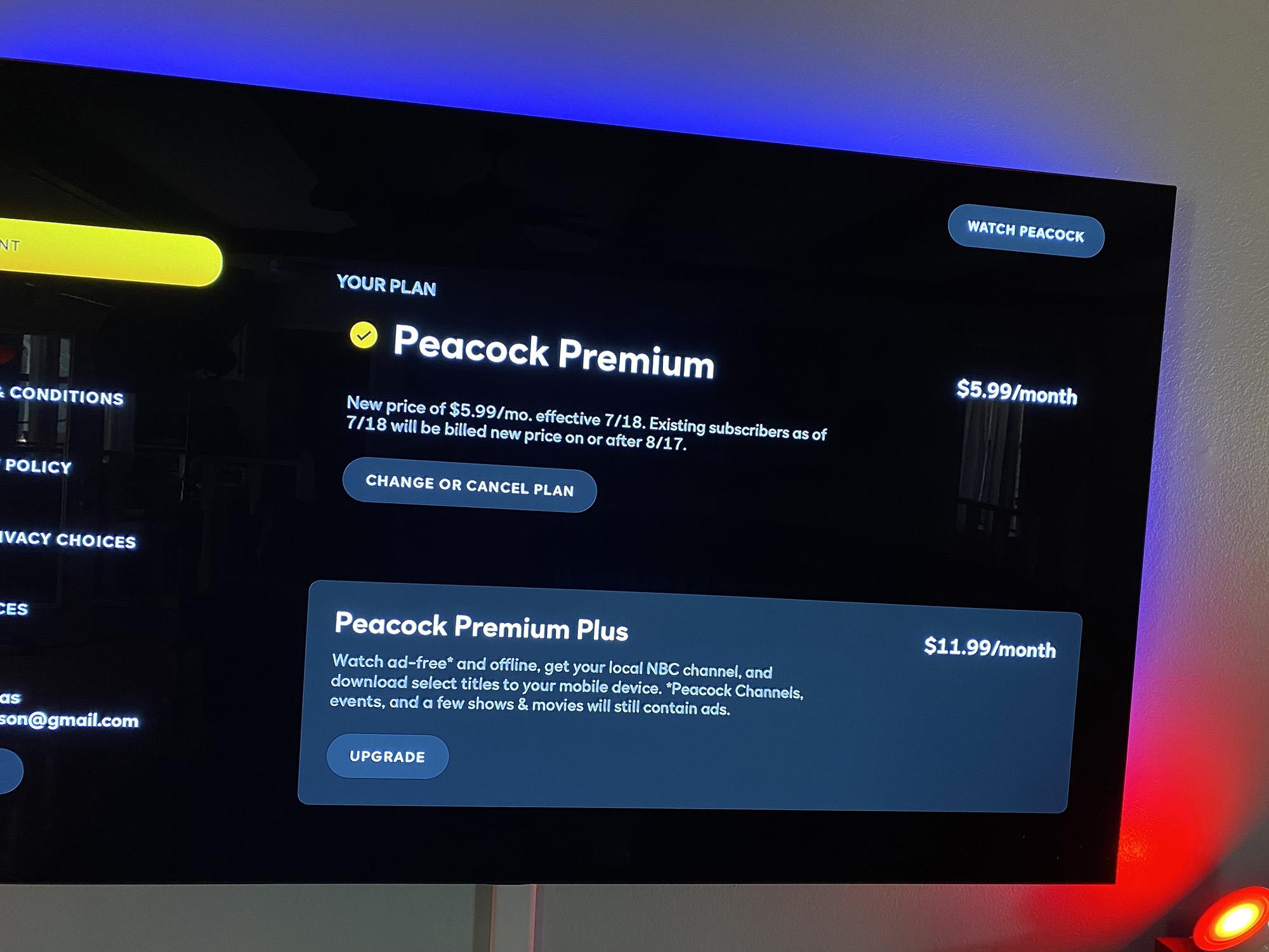 Peacock price increase information on an Apple TV.