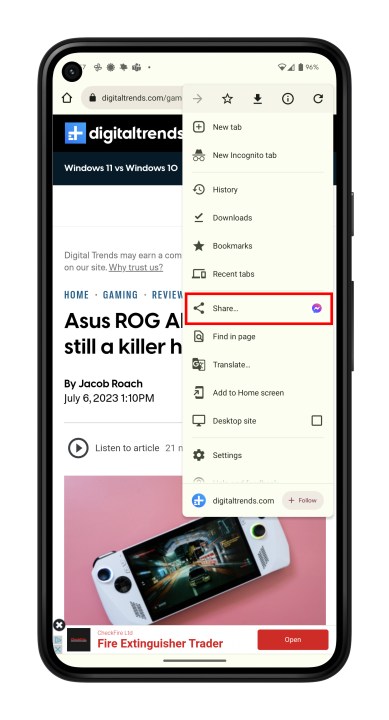 Selecting Share on a webpage in Chrome mobile.