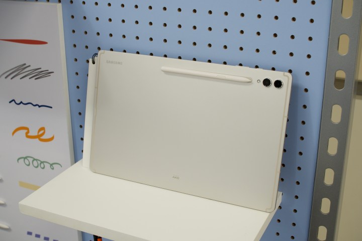 The Samsung Galaxy Tab S9 Ultra sitting on a white shelf.