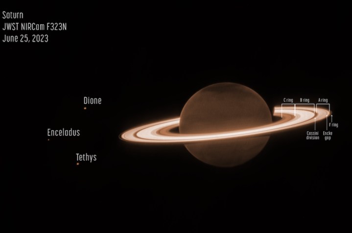 Saturno e três de suas luas, capturados pelo Telescópio Espacial James Webb