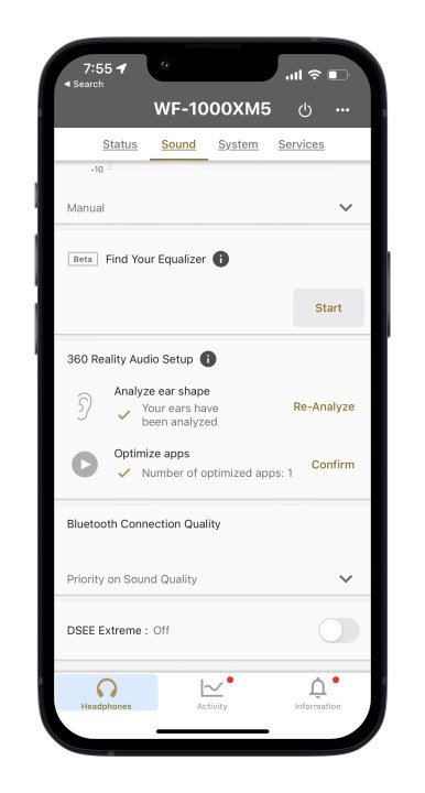 App Sony Headphones per impostazioni più approfondite della pagina Audio di iOS.