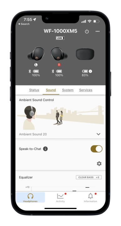 Pagina audio dell'app Sony Headphones per iOS.